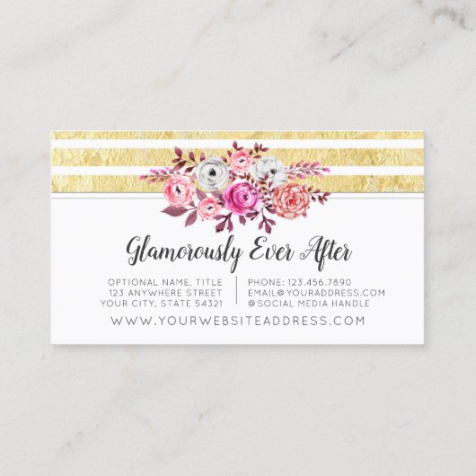 Pink Floral & Gold Glam Waterverf Moderne Stripe Visitekaartje (Achterkant)