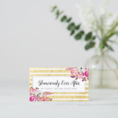 Pink Floral & Gold Glam Waterverf Moderne Stripe Visitekaartje (Staand voorkant)