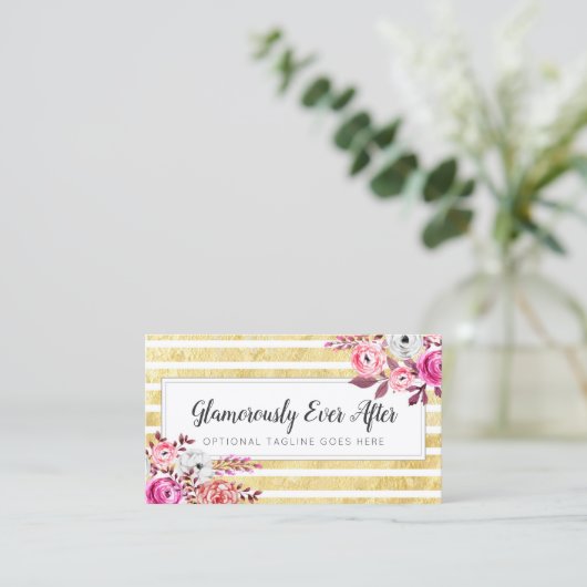 Pink Floral & Gold Glam Waterverf Moderne Stripe Visitekaartje (Staand voorkant)