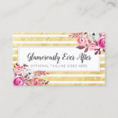 Pink Floral & Gold Glam Waterverf Moderne Stripe Visitekaartje (Voorkant)