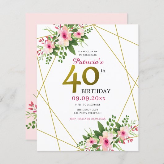 Pink Floral Gold Glitter 40e verjaardag (Voorkant / Achterkant)