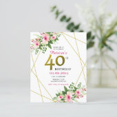 Pink Floral Gold Glitter 40e verjaardag (Staand voorkant)