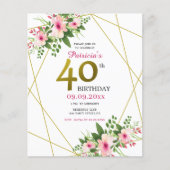 Pink Floral Gold Glitter 40e verjaardag (Voorkant)