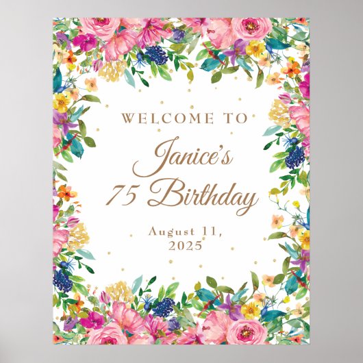Pink Floral Gold Glitter 75th Birthday Welcome Poster (Voorkant)