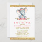 Pink Floral Gold Glitter Baby shower Elephant Kaart (Voorkant)