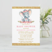 Pink Floral Gold Glitter Baby shower Elephant Kaart (Staand voorkant)