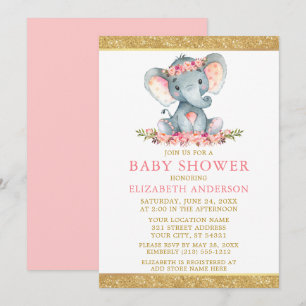 Pink Floral Gold Glitter Baby shower Elephant Kaart