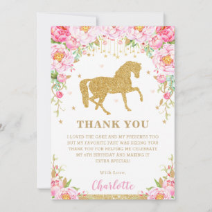 Pink Floral Gold Glitter Horse Birthday Party Bedankkaart