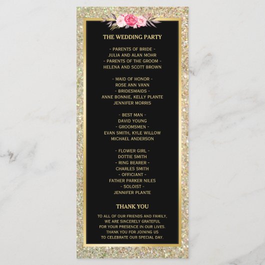 Pink Floral Gold Glitter mousserend Weddenprogramm Programmakaart (Achterkant)