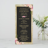 Pink Floral Gold Glitter mousserend Weddenprogramm Programmakaart (Staand voorkant)