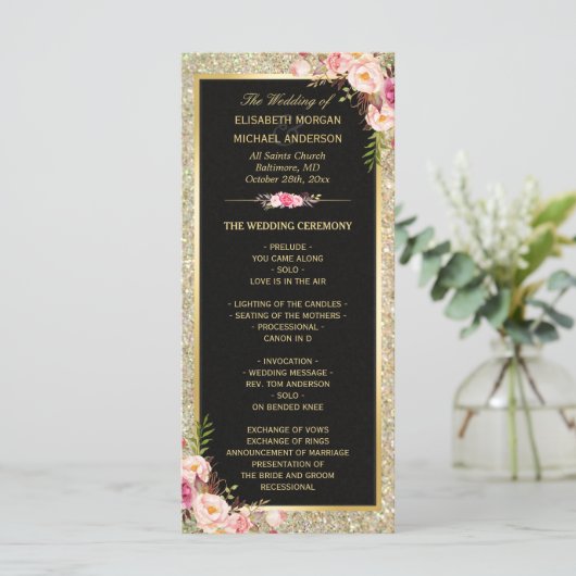 Pink Floral Gold Glitter mousserend Weddenprogramm Programmakaart (Staand voorkant)