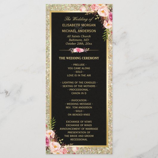 Pink Floral Gold Glitter mousserend Weddenprogramm Programmakaart (Voorkant)