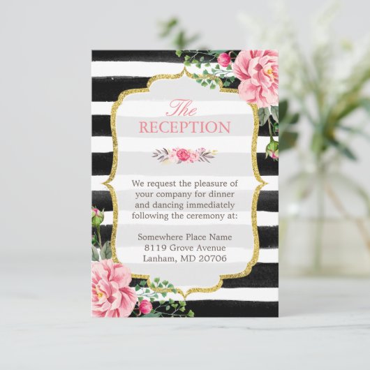 Pink Floral Gold Glitter Stripes Weddenschap Informatiekaartje (Staand voorkant)