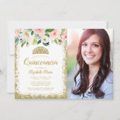 Pink Floral Gold Glitter Tiara Quinceanera Foto Kaart (Voorkant)