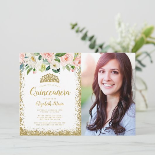 Pink Floral Gold Glitter Tiara Quinceanera Foto Kaart (Staand voorkant)
