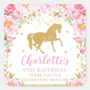 Pink Floral Gold Horse Birthday Hartelijk dank Vierkante Sticker