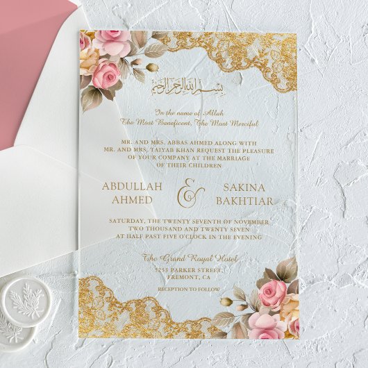 Pink Floral Gold Lace Muslim Wedding Acryl Uitnodigingen