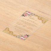 Pink Floral Gold Lace Muslim Wedding Acryl Uitnodigingen (Laagn)