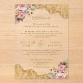 Pink Floral Gold Lace Muslim Wedding Acryl Uitnodigingen (Voorkant)