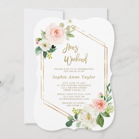 Pink Floral Gold Lijst Hens Bachelorette Weekend Kaart (Voorkant)