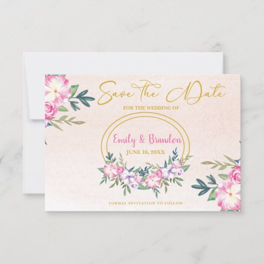 Pink Floral Gold Lijst Wedding Save the Date (Voorkant)