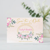 Pink Floral Gold Lijst Wedding Save the Date (Staand voorkant)