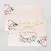 Pink Floral Gold Lijst Wedding Save the Date (Voorkant / Achterkant)