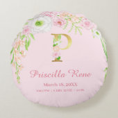 Pink Floral Gold Monogram "P" Baby Girl Stats Rond Kussen (Voorkant)