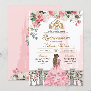 Pink Floral & Gold Princess Fairytale Quinceanera Kaart
