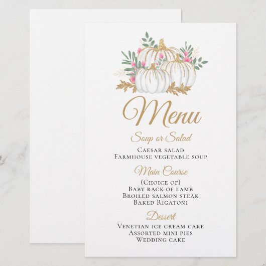 Pink Floral Gold Pumpkin Pall Weddenschap Menu (Voorkant / Achterkant)
