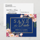 Pink Floral Gold Royal Navy Blue - Save the Date Aankondigingskaart (Voorkant / Achterkant)