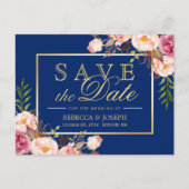 Pink Floral Gold Royal Navy Blue - Save the Date Aankondigingskaart (Voorkant)