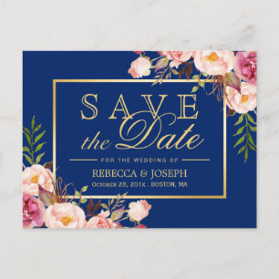 Pink Floral Gold Royal Navy Blue - Save the Date Aankondigingskaart