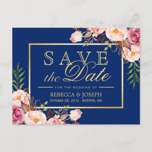 Pink Floral Gold Royal Navy Blue - Save the Date Aankondigingskaart (Voorkant)