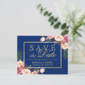 Pink Floral Gold Royal Navy Blue - Save the Date Aankondigingskaart (Staand voorkant)