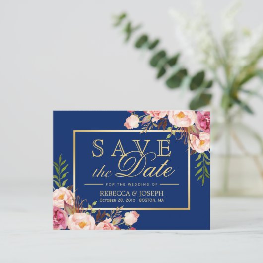 Pink Floral Gold Royal Navy Blue - Save the Date Aankondigingskaart (Staand voorkant)