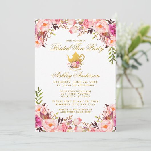 Pink Floral Gold Vrijgezellenfeest Tea Party Kaart (Staand voorkant)