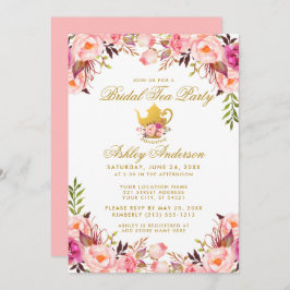 Pink Floral Gold Vrijgezellenfeest Tea Party Kaart