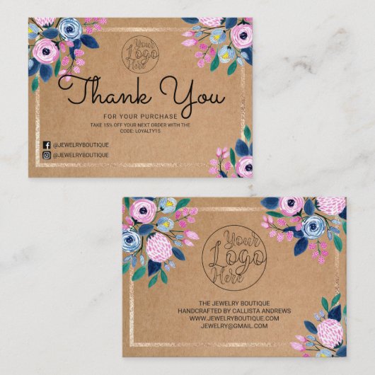 Pink Floral Gold Waterverf klant dank u Visitekaartje (Voorkant / Achterkant)