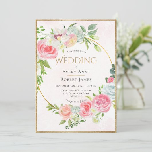 Pink Floral Gold Waterverf Wedding Kaart (Staand voorkant)