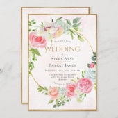 Pink Floral Gold Waterverf Wedding Kaart (Voorkant / Achterkant)