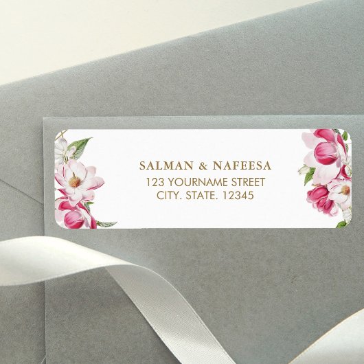 Pink Floral Gold Wedding Etiket