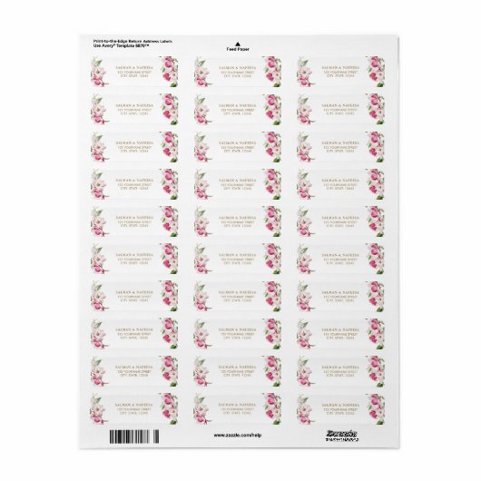 Pink Floral Gold Wedding Etiket (Full Sheet)