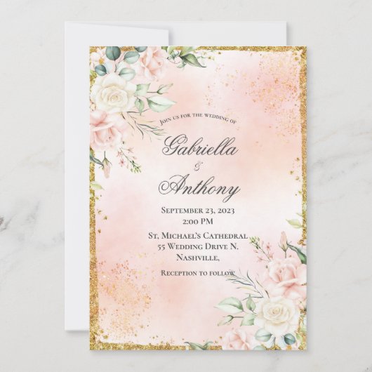 Pink Floral Gold Wedding Kaart (Voorkant)