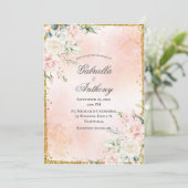Pink Floral Gold Wedding Kaart (Staand voorkant)