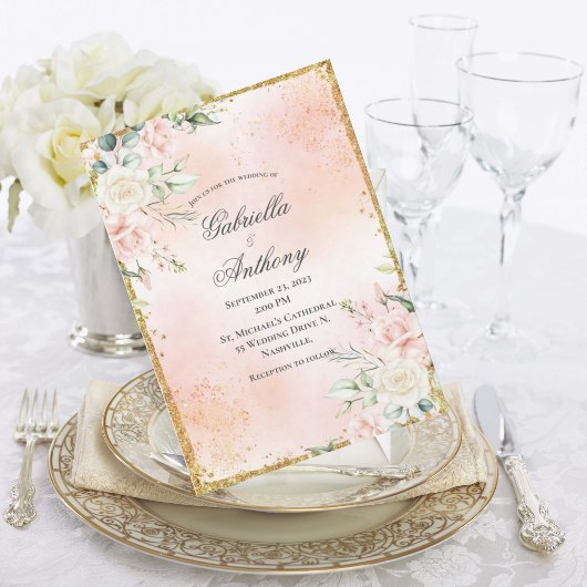 Pink Floral Gold Wedding Kaart