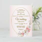 Pink Floral Golden Geometric Peach Wedding Kaart (Staand voorkant)