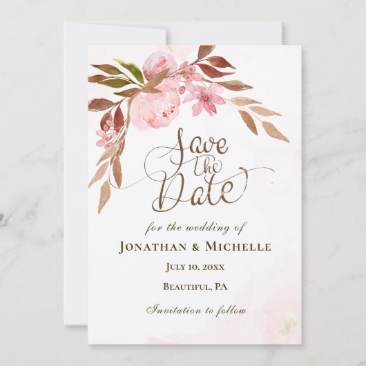 Pink Floral Golden Greenery Inspirerend Wedding Save The Date (Voorkant)