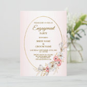 Pink Floral Golden Peach Modern Engagement Party Kaart (Staand voorkant)