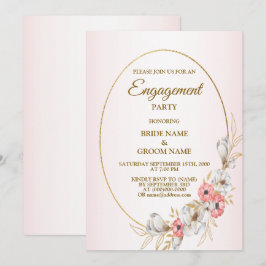 Pink Floral Golden Peach Modern Engagement Party Kaart